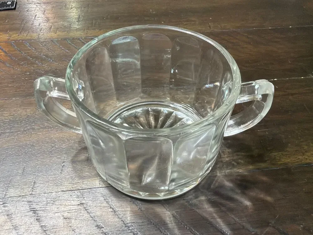 Vintage Clear Pressed Glass Sugar Bowl Double Handle Paneled Starburst Base